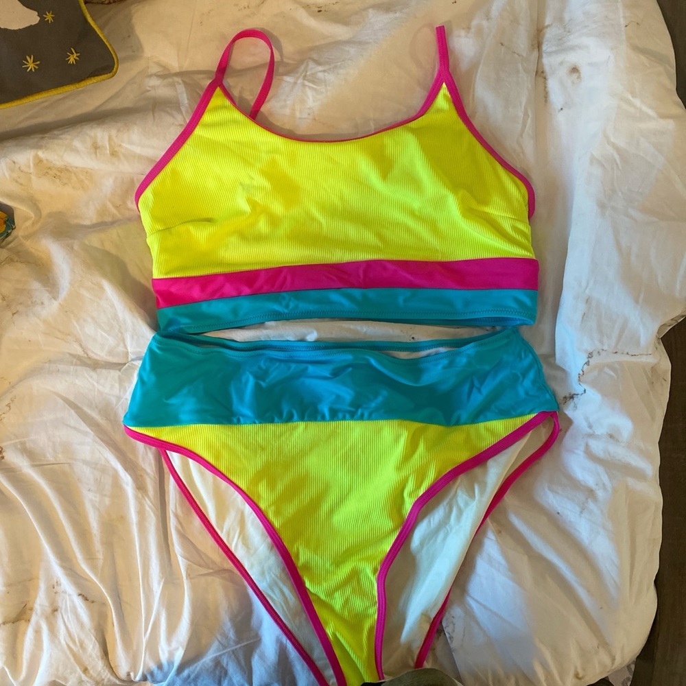 SHEIN Neon Yellow and Blue Bikini Set